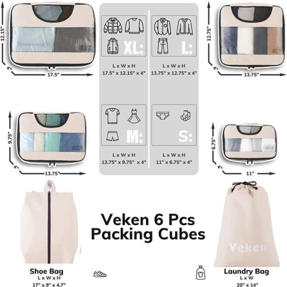 6 Pc Set Packing Cubes Luggage Packing Organizers for Travel Accessories - Picture 2 of 6